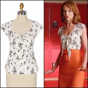 Anthro Odille Fish Print Poplin Blouse Bow Tie Top